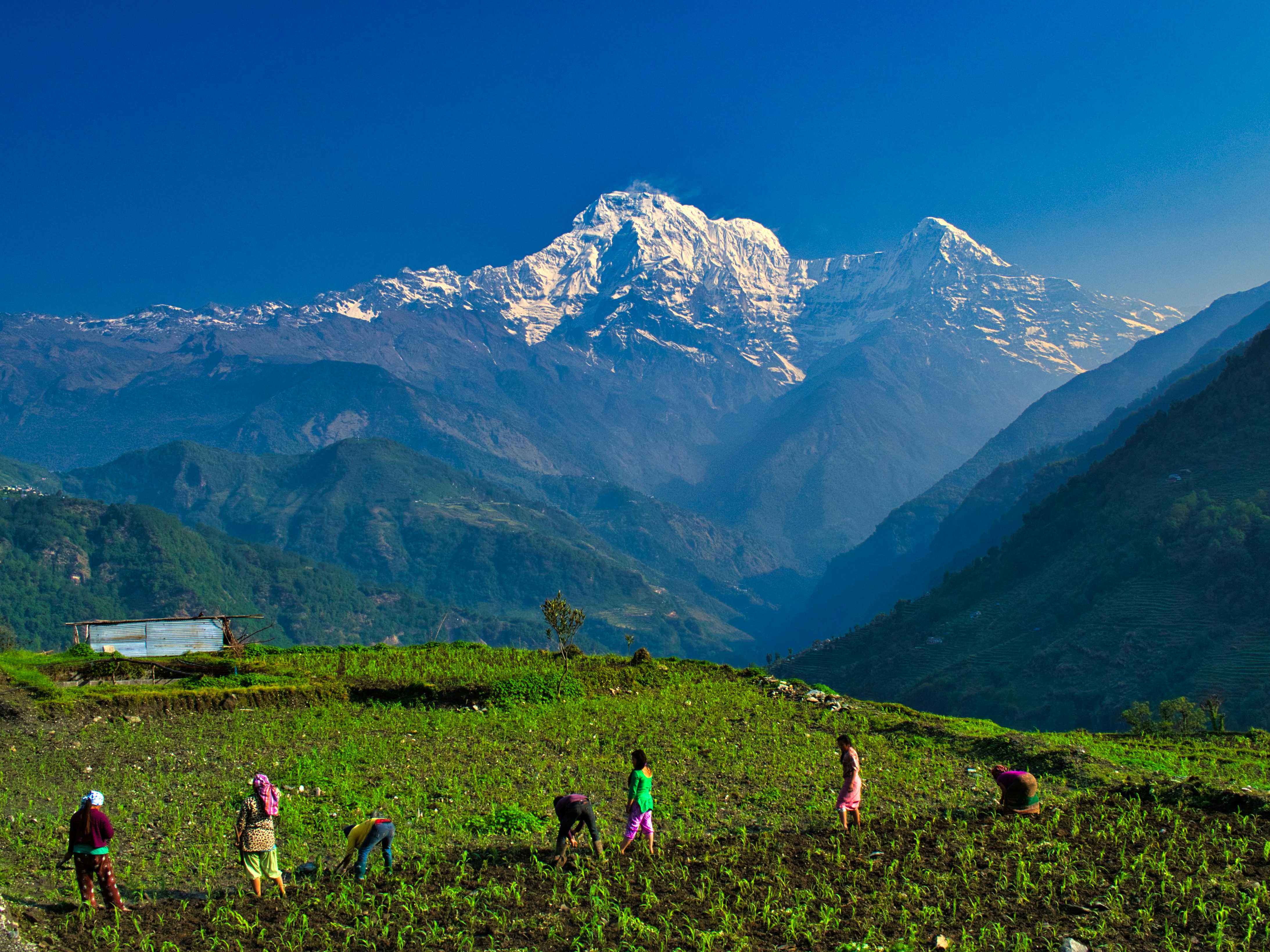 Nepal landscape with mountains and traditional architecture